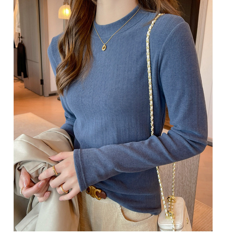 秋冬季小圆领内搭长袖打底衫女螺纹显瘦可外穿上衣高级感正肩t恤，保暖内衣，搜酷衣阁