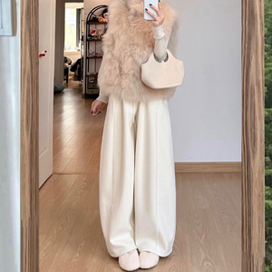 米白色糯米阔腿裤女秋冬季加绒加厚高腰宽松显瘦小个子香蕉弯刀裤，女装休闲裤，搜酷衣阁