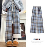 加绒格子裤子女2026新款秋冬加厚直筒休闲慵懒风小个子毛呢阔腿裤，女装休闲裤，搜酷衣阁