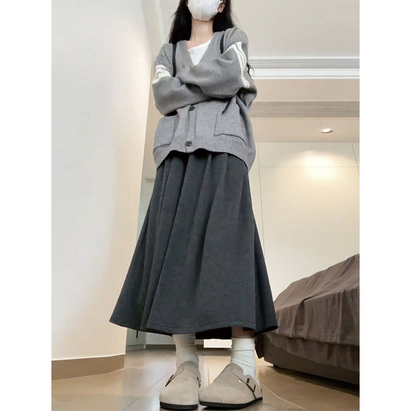加绒灰色糯米裙子女2026秋冬新款高腰显瘦a字伞裙中长款半身裙子，女装半身裙，搜酷衣阁