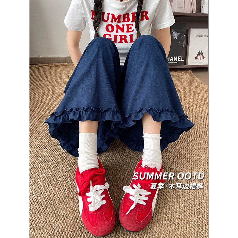 藏青色花边裙裤女夏季薄2025新款高腰休闲小个子宽松垂坠感阔腿裤，女装休闲裤，搜酷衣阁