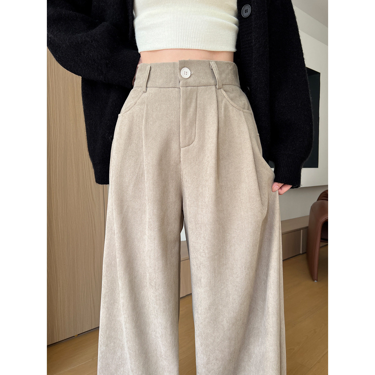韩系茶灰色灯芯绒西装裤女秋冬季新款高腰宽松显瘦加绒休闲阔腿裤，女装休闲裤，搜酷衣阁