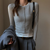 W美式假两件长袖t恤女新款修身显瘦撞色设计感小众内搭圆领上衣，保暖内衣，搜酷衣阁