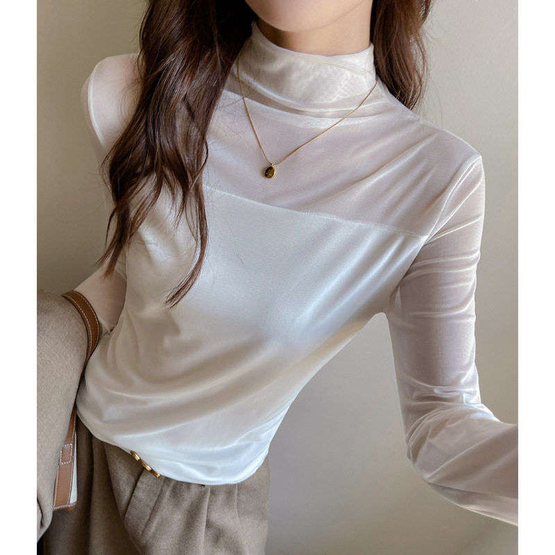 季网纱拼接半高领长袖t恤女士内搭打底衫中领简约设计感上衣，女装T恤，搜酷衣阁