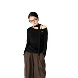 一字领纯欲风长袖T恤女2026秋季新款氛围搭配飘带露锁骨打底上衣，女装T恤，搜酷衣阁