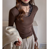 W黑色纯欲风蕾丝长袖t恤女v领磨毛保暖内搭设计感上衣可外穿，女装T恤，搜酷衣阁