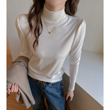 W韩系设计感泡泡袖打底衫女内搭显瘦半高领莱赛尔上衣，女装T恤，搜酷衣阁