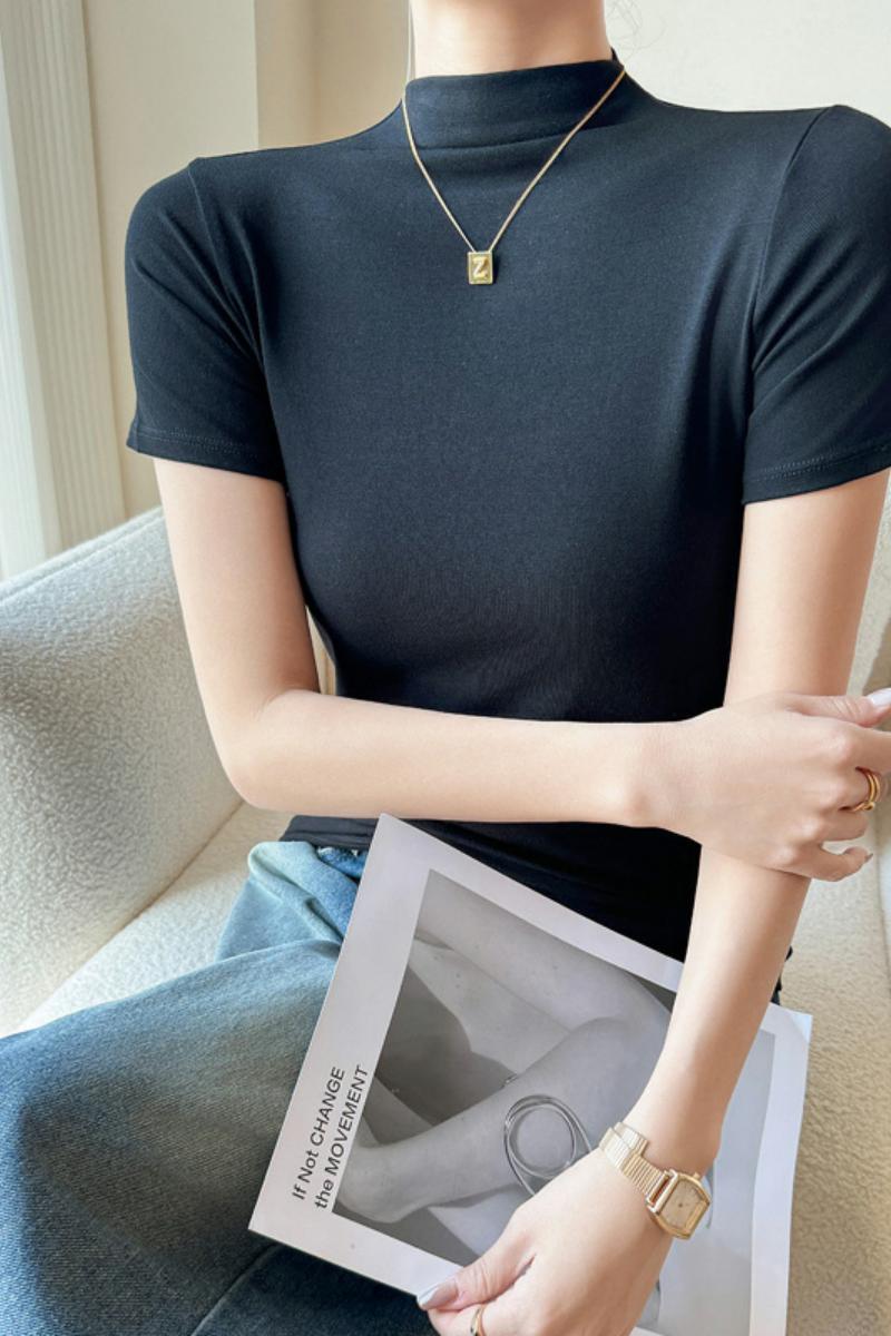 春秋季半高领正肩短袖t恤女内搭大码打底衫上衣服可外穿潮，女装T恤，搜酷衣阁