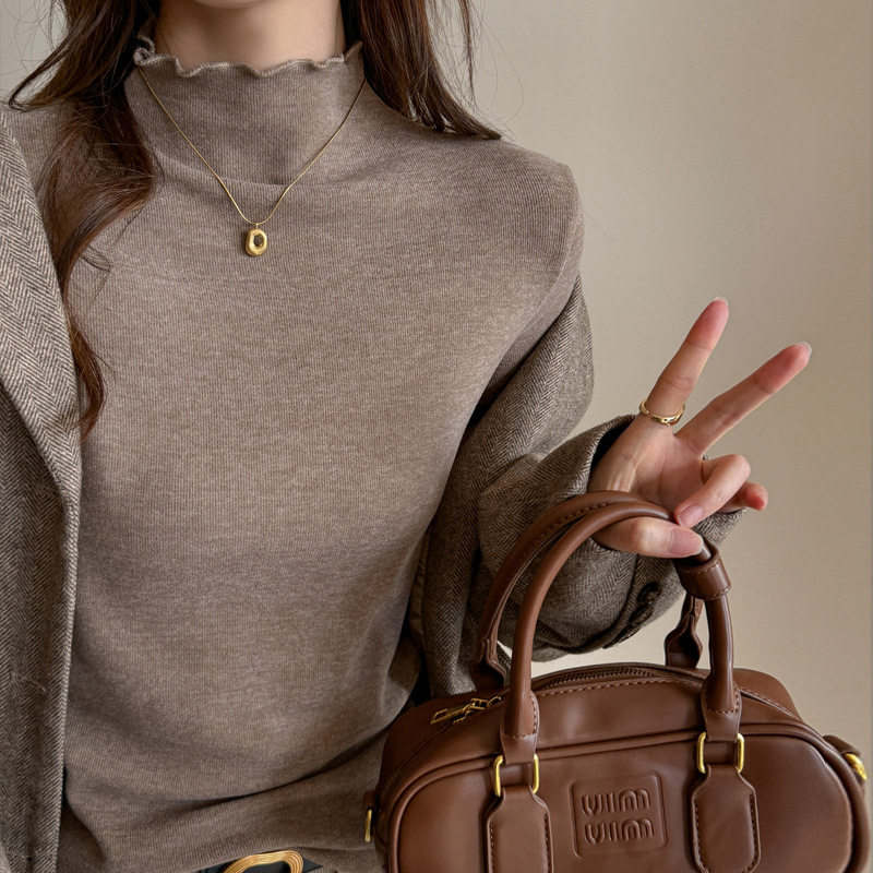 仿羊绒木耳边季磨毛长袖打底衫女内搭正肩t恤可外穿修身上衣，女装T恤，搜酷衣阁