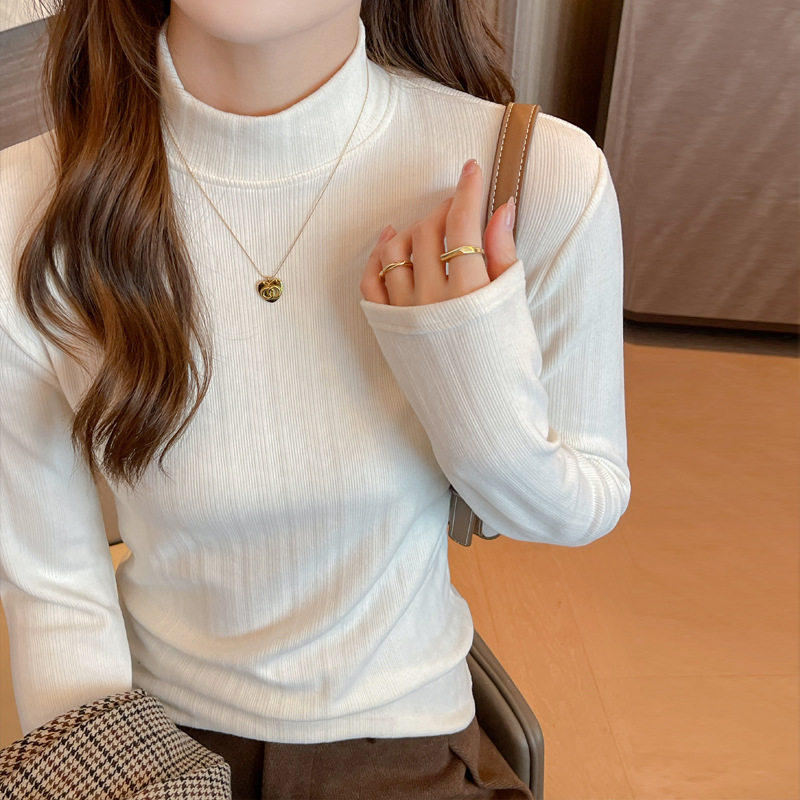 季螺纹德绒加厚半高领长袖t恤女士内搭打底衫显瘦中领t恤上衣，女装T恤，搜酷衣阁