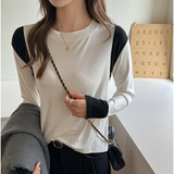 W韩系简约设计感拼色打底衫女秋冬小圆领正肩气质内搭上衣，保暖内衣，搜酷衣阁