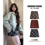 灰色格子毛呢半身裙女秋冬季短裙2025款高腰a字小个子显瘦包臀裙，女装半身裙，搜酷衣阁