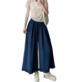 藏青色花边裙裤女夏季薄2025新款高腰休闲小个子宽松垂坠感阔腿裤，女装休闲裤，搜酷衣阁