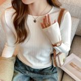 W秋冬圆领德绒磨毛打底衫女基础款休闲百搭t恤高级感螺纹内搭上衣，保暖内衣，搜酷衣阁