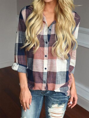 2022 Ladies Lapel Casual Long Sleeve Plaid Shirt长袖格子衬衫
