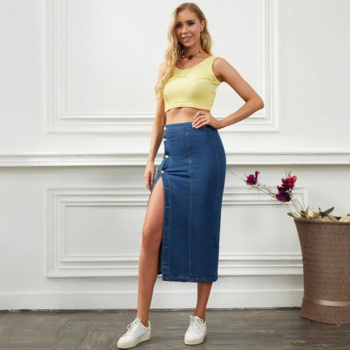 多扣开叉包臀中裙女 Multi button split hip skirt for women