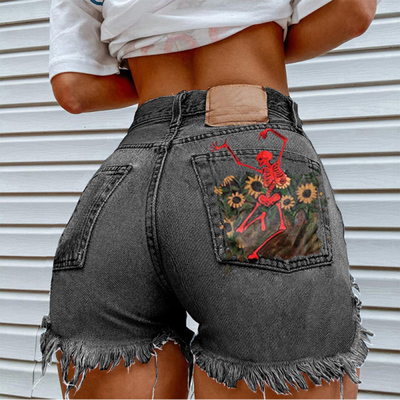 summer button-print frayed denim shorts 纽扣印花毛边牛仔短裤