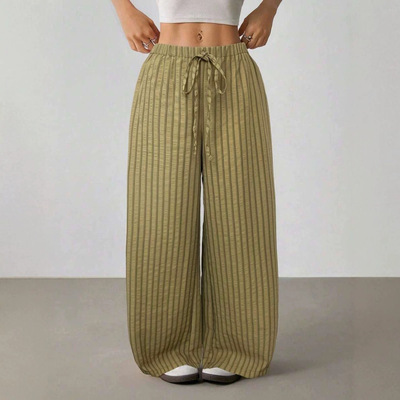 Striped casual straight leg pants for women条纹休闲直筒长裤