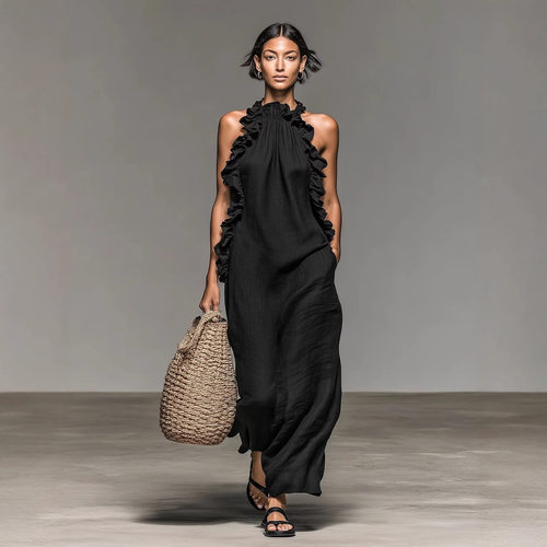 荷叶边挂脖女士连衣裙   Women's ruffled neck hanging dress