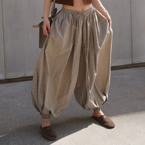 格纹女士休闲松紧长裤   Plaid women's casual elastic pants