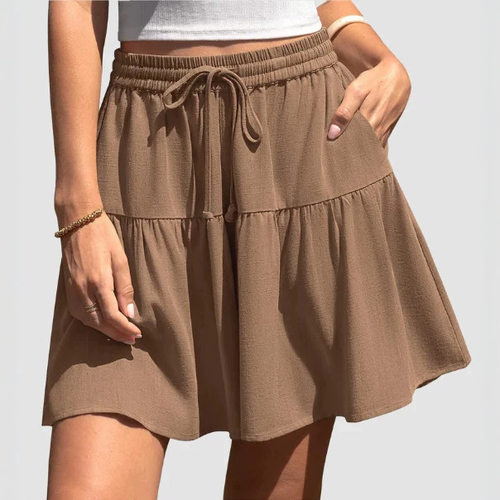 Solid Color Casual Drawstring Midi Skirt纯色休闲拉绳半身裙
