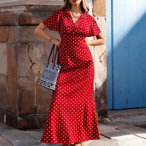 V领波点荷叶边连衣裙女V-neck polka dot ruffle dress for women