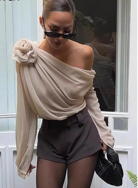 Sexy sloping shoulder slim fit t-shirt top性感斜肩修身上衣女