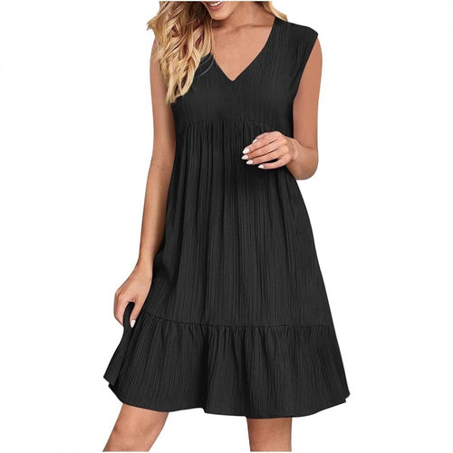 V领无袖休闲连衣裙女V-neck sleeveless casual dress for women