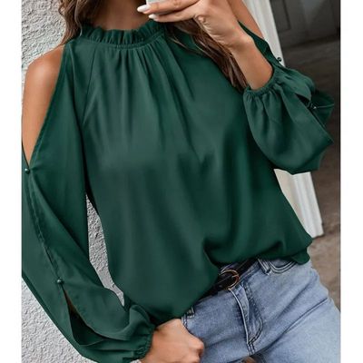 Casual semi high neck off shoulder shirt休闲半高领露肩衬衫女