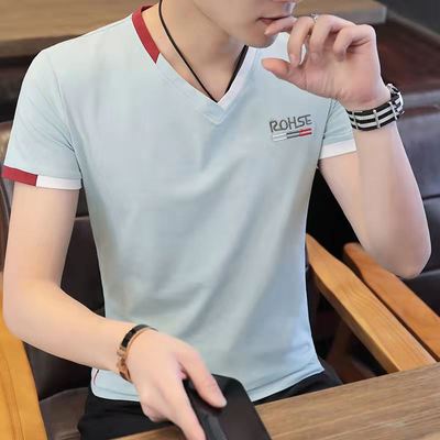 零售夏季男士短袖T恤韩版修身V领学生打底衫青年潮流男装上衣