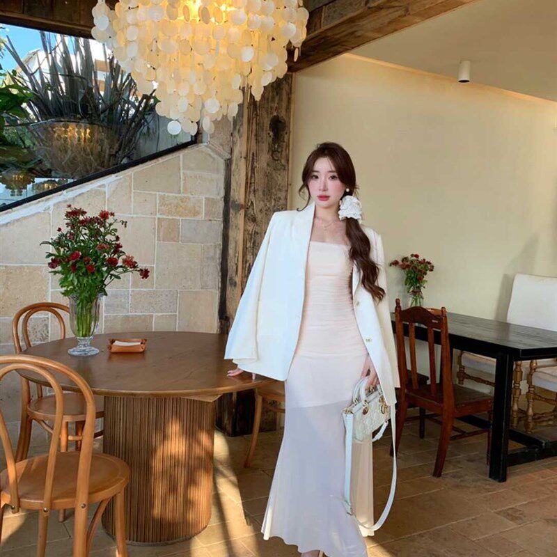 新款甜美碎花褶皱吊带连衣裙女法式仙气修身夏季内搭外穿鱼尾长裙