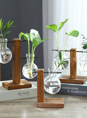创意木架水培植物玻璃花瓶桌面装饰品办公室摆件水养绿萝插花容器