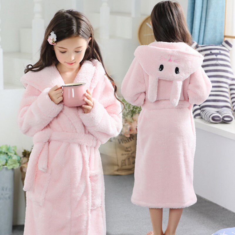 儿童浴袍秋冬季男女童睡袍长款加厚珊瑚绒中大童公主法兰绒家居服