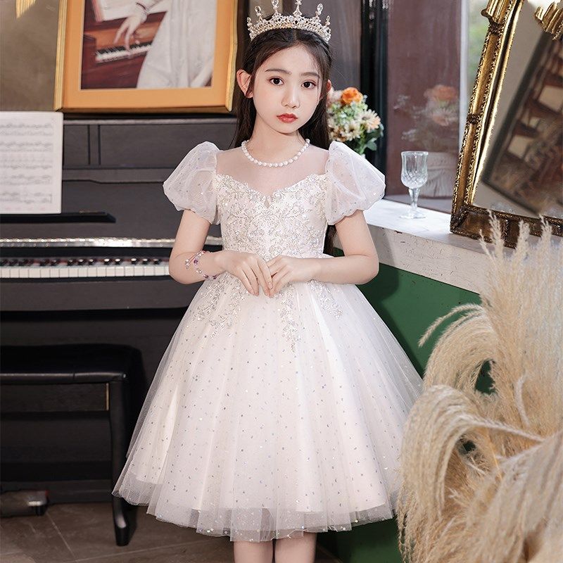 儿童礼服公主裙小女孩白色花童婚纱高端女童钢琴演奏主持人演出服