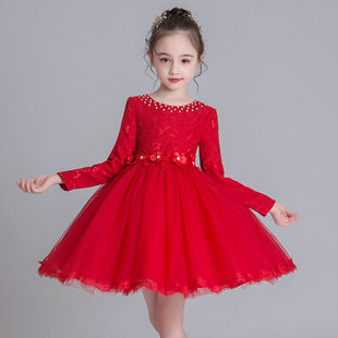 春秋冬季儿童红色公主裙蓬蓬裙女童连衣裙长袖纱裙子舞蹈演出礼服