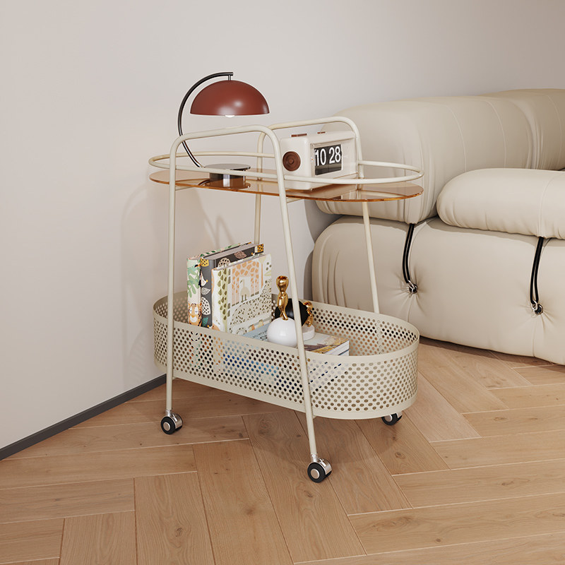 可移动双层侘寂风客厅沙发边几带轮奶油风小茶几铁艺玻璃小推车