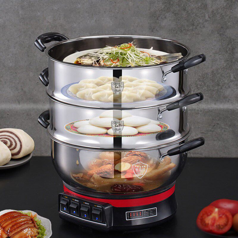 304不锈钢加厚电蒸锅蒸笼家用三层大容量电热锅多功能蒸煮一体锅