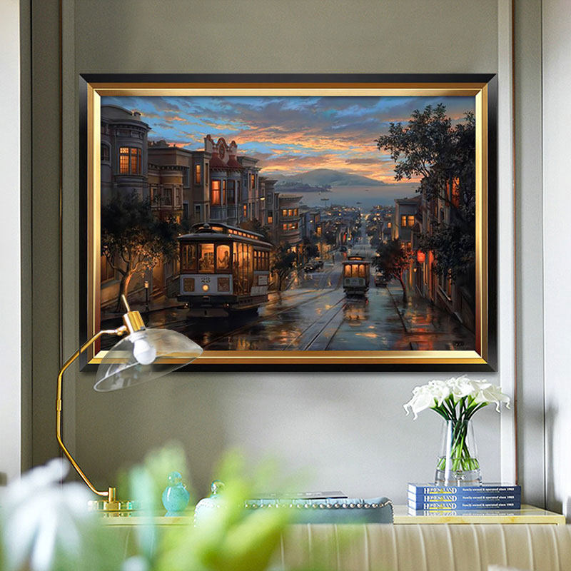美式餐厅装饰画客厅横版油画风景挂画欧式风格玄关背景墙饭厅壁画