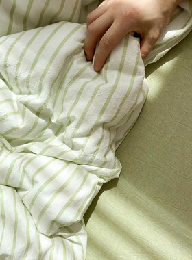 水洗棉绿色条纹简约床上用品纯棉全棉床单床笠单人宿舍可配三四件