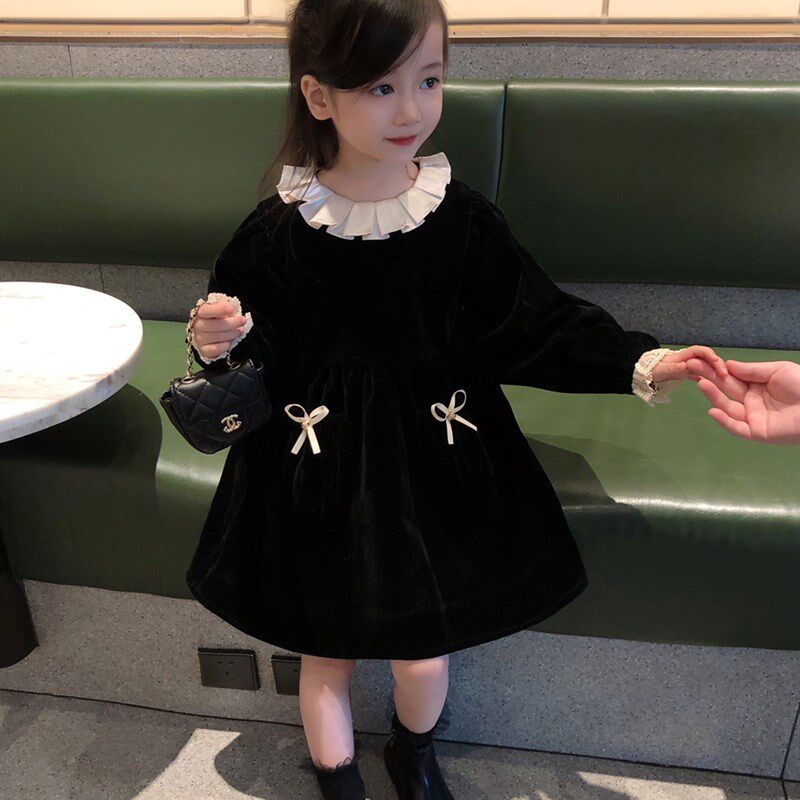 女童冬季连衣裙2024新款洋气时髦黑色加绒儿童宝宝生日礼服公主裙