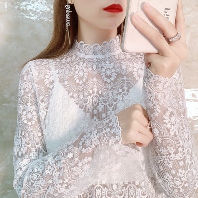 气质高端蕾丝打底衫女秋冬新款内搭网纱上衣白色缕空仙女洋气小衫