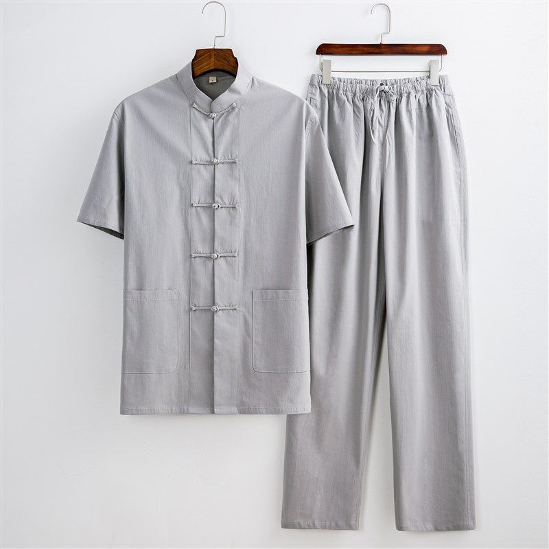 夏唐装男中老年短袖爸爸套装中山装汉服夏季马褂中国风男装中式