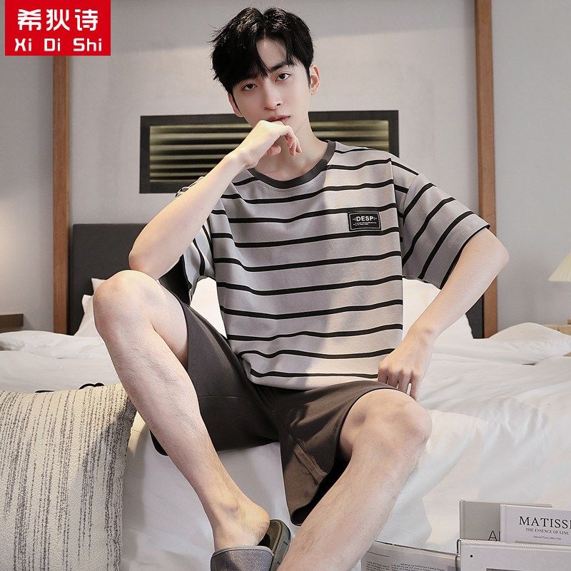 希狄诗睡衣男士夏季天纯棉短袖短裤薄款休闲宽松加大码家居服套装