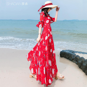 大摆雪纺连衣裙2021新款女夏沙滩裙裙子波西米亚海边度假长裙脚踝