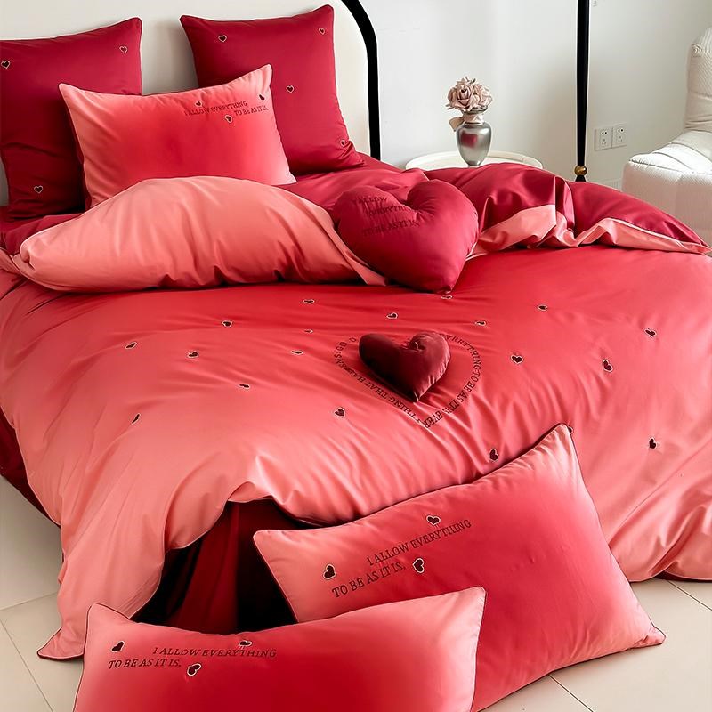 高级感渐变爱心长绒棉四件套全棉纯棉婚庆被套床单结婚房送礼床品