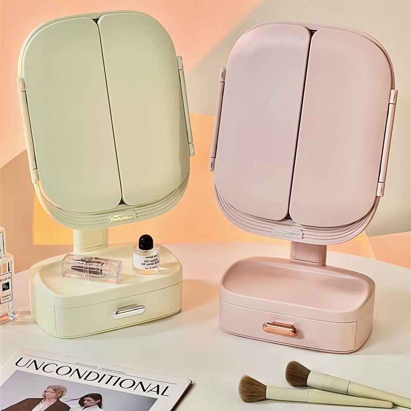 化妆镜收纳盒一体台式桌面大号镜子折叠镜卧室梳妆台led灯梳妆镜