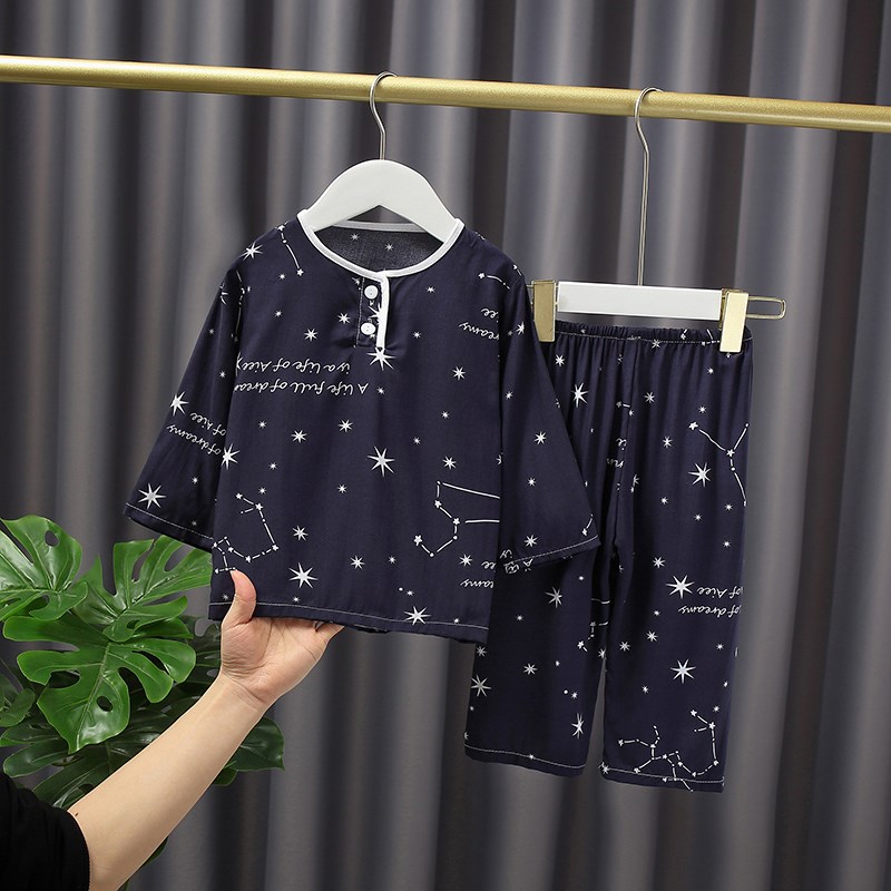 夏季儿童绵绸睡衣男孩女童空调服薄中长袖棉绸宝宝套装空调家居服