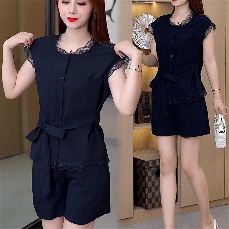 时尚洋气套装女2025夏季新款收腰系带蕾丝拼接上衣显瘦短裤两件套,女装/女士精品,时尚套装,淘宝优惠券,粉丝福利购,淘宝优惠卷