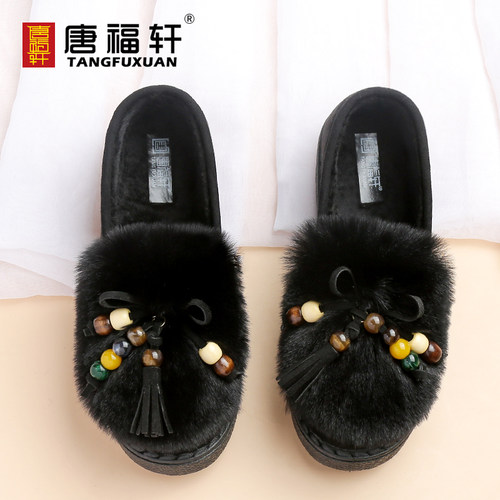 棉鞋女秋冬新款老北京布鞋软底加厚毛毛鞋平底豆豆鞋保暖加绒鞋子