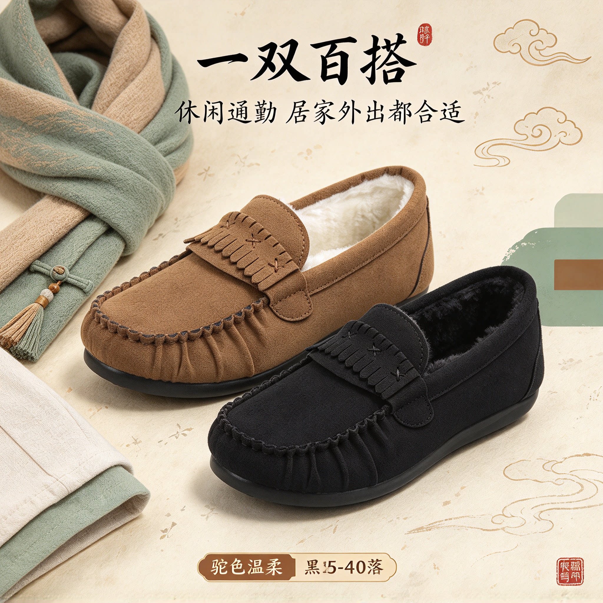 唐福轩老北京布鞋女妈妈鞋加绒保暖毛毛鞋一脚蹬软底防滑浅口棉鞋